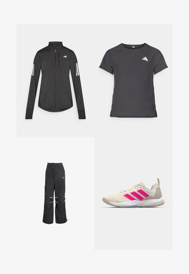 Zwarte sportjack gemaakt van lichtgewicht materiaal. Voorzien van een ritssluiting aan de voorkant, hoge kraag en drie witte strepen op elke mouw.; Korte mouwen sport t-shirt, donkergrijs met geperforeerde textuur. Bevat een wit logo en contrasterende zijstrepen. Ronde halslijn.; Zwarte wijde broek met reflecterende details op de knieën, hoge taille met riemlussen en een ronde logo op de bovenste rechterdij.; Beige sportshoe met een roze drie-strepen logo, een textuur-mesh bovenkant, een gevoerde kraag en een witte rubberen zool, met "LIGHTSTRIKE" branding.