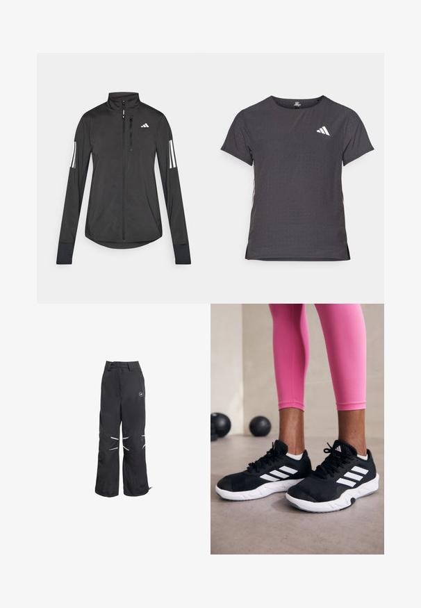 Veste de sport noire en matériau léger. Dotée d'une fermeture éclair sur le devant, d'un col haut et de trois rayures blanches sur chaque manche.; T-shirt de sport à manches courtes, gris foncé avec une texture perforée. Présente un logo blanc et des rayures latérales contrastantes. Encolure arrondie.; Pantalons larges noirs avec des détails réfléchissants aux genoux, taille haute avec passants de ceinture, et un logo circulaire sur la cuisse supérieure droite.; Baskets de sport noires avec des rayures blanches, tige en mesh texturé et semelle blanche. Portées avec des leggings roses, mettant en valeur des vêtements d'entraînement.