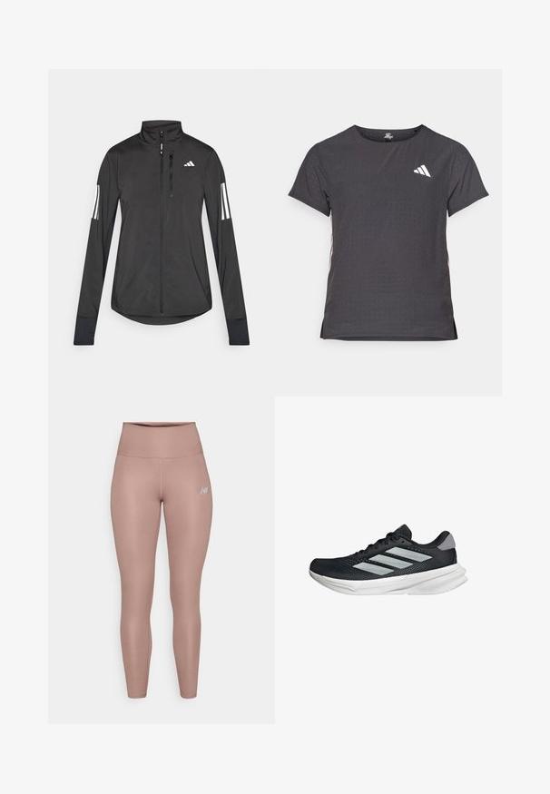 Crni sportski jakna napravljena od laganog materijala. Ima prednji zatvarač, visoki ovratnik i tri bijele pruge na svakoj rukavu.; Majica kratkih rukava za sport, tamno siva s perforiranim uzorkom. Ima bijeli logo i kontrastne bočne pruge. Zaobljeni izrez.; New Balance HARMONY HIGH RISE - Tajice - earth shadow; Crne trkačke tenisice s mrežastim gornjim dijelom, tri srebrne pruge, bijeli srednji sloj i teksturirani potplat. Sadrži podstavljeni ovratnik i zatvaranje s vezicama.