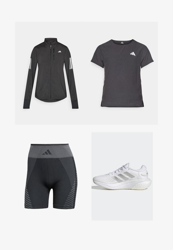 Zwarte sportjack gemaakt van lichtgewicht materiaal. Voorzien van een ritssluiting aan de voorkant, hoge kraag en drie witte strepen op elke mouw.; Korte mouwen sport t-shirt, donkergrijs met geperforeerde textuur. Bevat een wit logo en contrasterende zijstrepen. Ronde halslijn.; Hoogwaardige zwarte sportshorts met een meshstructuur, voorzien van grijze geometrische patronen en een logo op de tailleband, gemaakt van flexibel materiaal.; Witte sportieve schoen met een gemêleerd mesh bovenwerk, zilveren drie-strepen ontwerp, gevoerde zool en ronde hak. Beschikt over een vetersluiting en een gevoerde tong.