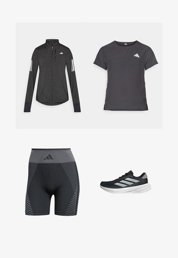 Giacchetto sportivo nero realizzato in materiale leggero. Presenta una chiusura frontale con zip, colletto alto e tre strisce bianche su ciascun manica.; T-shirt atletico a maniche corte, grigio scuro con texture perforata. Presenta un logo bianco e strisce laterali a contrasto. Girocollo.; Pantaloni sportivi neri a vita alta con texture in rete, caratterizzati da motivi geometrici grigi e un logo sulla cintura, realizzati in materiale flessibile.; Scarpa da corsa nera con tomaia in mesh, tre strisce argentate, intersuola bianca e suola testurizzata. Presenta un colletto imbottito e chiusura con lacci.