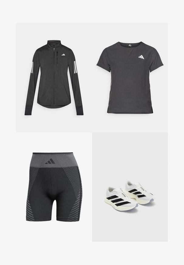 Chaqueta deportiva negra hecha de material ligero. Cuenta con una cremallera frontal, un cuello alto y tres franjas blancas en cada manga.; Camiseta atlética de manga corta, gris oscuro con textura perforada. Presenta un logo blanco y rayas laterales en contraste. Escote redondeado.; Pantalones cortos deportivos negros de cintura alta con textura de malla, que presentan patrones geométricos grises y un logo en la cinturilla, confeccionados con material flexible.; Zapatillas deportivas blancas con rayas y logotipo en negro, que cuentan con una parte superior de malla, puntera redondeada y una suela gruesa color crema para mayor amortiguación.