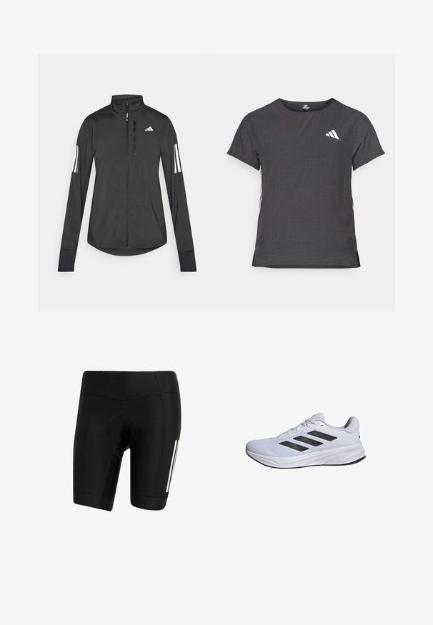 Musta urheilutakki, joka on valmistettu kevyestä materiaalista. Ominaisuuksiin kuuluu etuvetoketju, korkea kaulus ja kolme valkoista raitaa joka hihassa.; Lyhythihainen urheilupaita, tummanharmaa, jossa on reikäkudot. Ominaisuuksina valkoinen logo ja kontrastiväriset sivusuunnat. Pyöreä pääntie.; Mustat pyöräilyshortsit, jotka on valmistettu joustavasta kankaasta. Sisältää pehmustetun istuinosan, litteät saumat ja valkoiset pystysuorat raidat vasemmalla puolella.; adidas Performance RESPONSE - Katujuoksukengät - cloud white core black cloud white