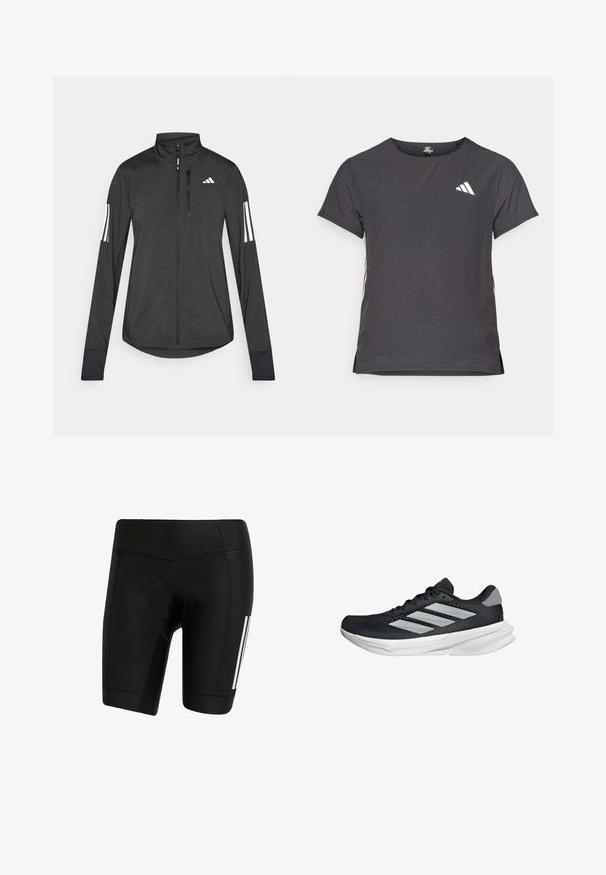 Zwarte sportjack gemaakt van lichtgewicht materiaal. Voorzien van een ritssluiting aan de voorkant, hoge kraag en drie witte strepen op elke mouw.; Korte mouwen sport t-shirt, donkergrijs met geperforeerde textuur. Bevat een wit logo en contrasterende zijstrepen. Ronde halslijn.; Zwarte fietsshorts gemaakt van rekbaar materiaal. Bevat een gevoerde zitplek, flatlock naden en witte verticale strepen aan de linkerkant.; Zwarte hardloopschoen met een mesh bovenzijde, drie zilveren strepen, witte middenzool en een gestructureerde loopzool. Heeft een gevoerde kraag en een vetersluiting.