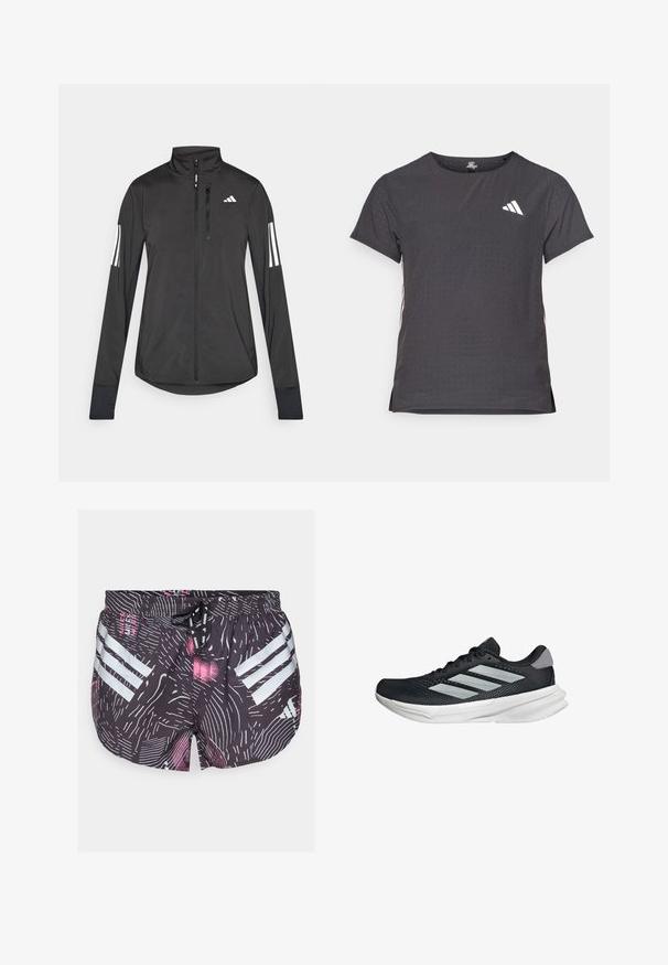 Black athletic jacket made of lightweight material. Features a front zipper, high collar, and three white stripes on each sleeve.; Short-sleeve athletic t-shirt, dark gray with perforated texture. Features a white logo and contrasting side stripes. Rounded neckline.; adidas Performance SHORT - Sports shorts - black; Black running shoe with mesh upper, three silver stripes, white midsole, and textured outsole. Features padded collar and lace closure.