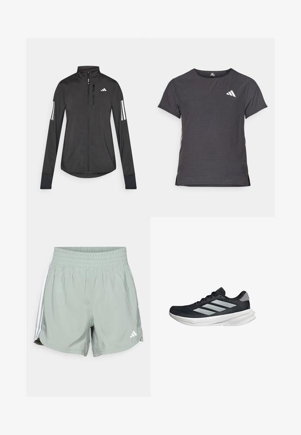 Musta urheilutakki, joka on valmistettu kevyestä materiaalista. Ominaisuuksiin kuuluu etuvetoketju, korkea kaulus ja kolme valkoista raitaa joka hihassa.; Lyhythihainen urheilupaita, tummanharmaa, jossa on reikäkudot. Ominaisuuksina valkoinen logo ja kontrastiväriset sivusuunnat. Pyöreä pääntie.; Vaaleanvihreät urheilushortsit, joissa on joustava vyötärö, valkoiset sivunauhat ja pieni valkoinen logo oikeassa alareunassa.; Musta juoksukenkä, jossa on verkko-osa ylhäällä, kolme hopeista raitaa, valkoinen välipohja ja teksturoitu pohja. Varustettu pehmustetulla nilkkaremmeillä ja nauhakiinnityksellä.