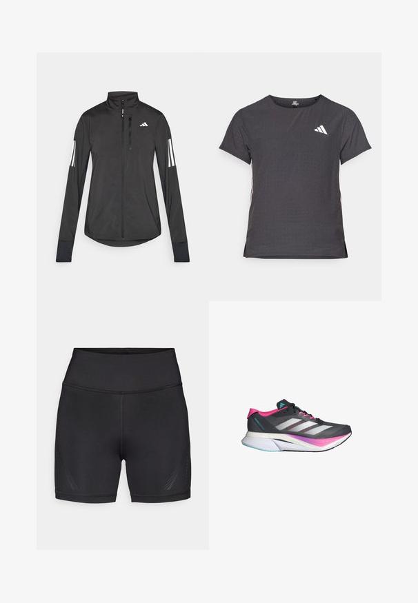 Czarna sportowa kurtka wykonana z lekkiego materiału. Posiada zamek błyskawiczny z przodu, wysoki kołnierz oraz trzy białe paski na każdym rękawie.; Koszulka sportowa z krótkim rękawem, ciemnoszara z perforowaną teksturą. Posiada białe logo oraz kontrastowe paski po bokach. Okrągły dekolt.; Czarne sportowe spodenki wykonane z elastycznego, lekkiego materiału. Wysoki pas, gładkie szwy oraz subtelne wzory po bokach dla dodatkowego efektu.; Buty biegowe z szarym siateczkowym wierzchem, różowymi akcentami i białymi paskami. Posiadają wyściełaną podeszwę oraz smukły, aerodynamiczny kształt.