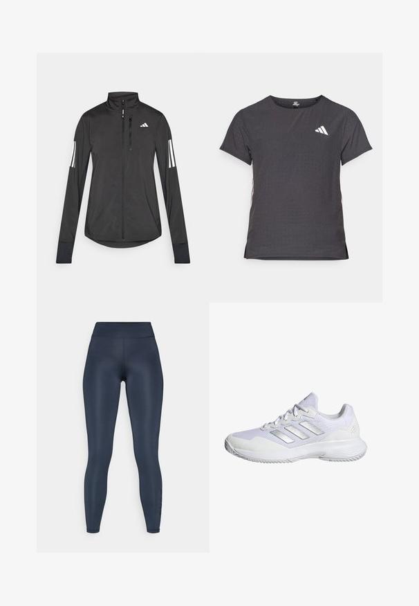 Jaqueta atlética preta feita de material leve. Apresenta um fecho frontal, colarinho alto e três riscas brancas em cada manga.; T-shirt atlético de mangas curtas, cinza escuro com textura perfurada. Apresenta um logo branco e riscas laterais contrastantes. Decote arredondado.; Leggings azul-marinho feitos de material elástico, com uma cintura alta e textura suave. Impressão lateral realça a parte inferior da perna.; Sapatilha atlética branca com parte superior em malha, painéis texturizados e acabamentos em prata. Apresenta uma sola acolchoada e um design de bico redondo.