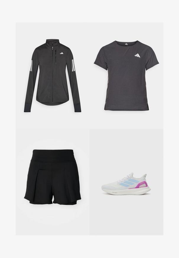 Chaqueta deportiva negra hecha de material ligero. Cuenta con una cremallera frontal, un cuello alto y tres franjas blancas en cada manga.; Camiseta atlética de manga corta, gris oscuro con textura perforada. Presenta un logo blanco y rayas laterales en contraste. Escote redondeado.; Pantalones cortos deportivos negros con una cintura ancha, diseño con fruncidos en la parte frontal y forro interior. Hechos de tela elástica y ligera.; adidas Performance PUREBOOST 5 - Zapatillas running asfalto - white/glow blue/purple burst