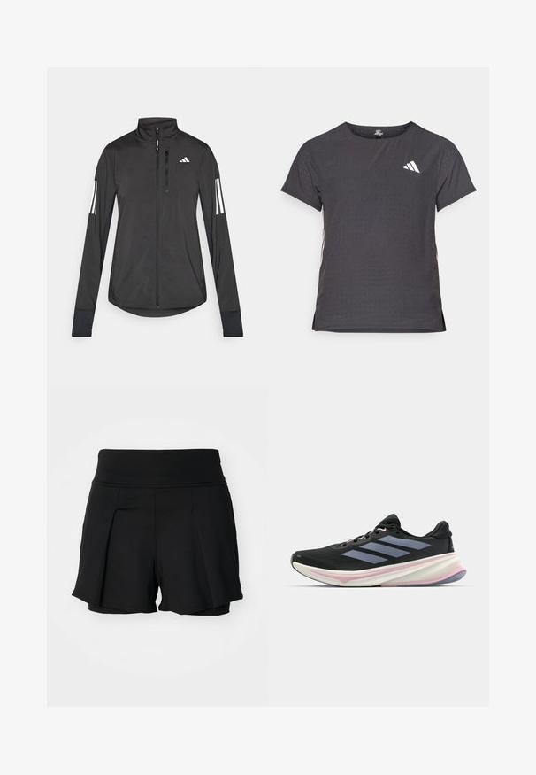 Must mustriga mustrin, millel on esiküljel lukuga, kõrge krae ja igal varrukal kolm valget triipu.; Lühikese varrukaga sportlik T-särk, tumehall, perforatsiooni tekstuuriga. Omab valget logo ja kontrastset külgtriipu. Ümar kaelus.; Mustad musteensed spordilühikesed püksid laia vöökoha, volditud esitöötluse ja sisemise voodriga. Valmistatud venivast ja kergest kangast.; Musts jooksujalanõud, millel on võrgusilmast ülemine osa, heledad lillad aktsendid ja kolm horisontaalset halli triipu. Omab mugavat polsterdatud tallat.