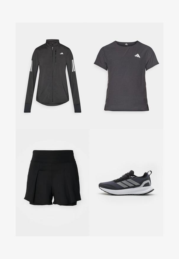 Black athletic jacket made of lightweight material. Features a front zipper, high collar, and three white stripes on each sleeve.; Short-sleeve athletic t-shirt, dark gray with perforated texture. Features a white logo and contrasting side stripes. Rounded neckline.; Black athletic shorts with a wide waistband, pleated front design, and inner lining. Made from stretchy, lightweight fabric.; Black athletic shoe with mesh upper, white midsole, textured rubber outsole, and three grey stripes on the side. Features laces and a pull tab.