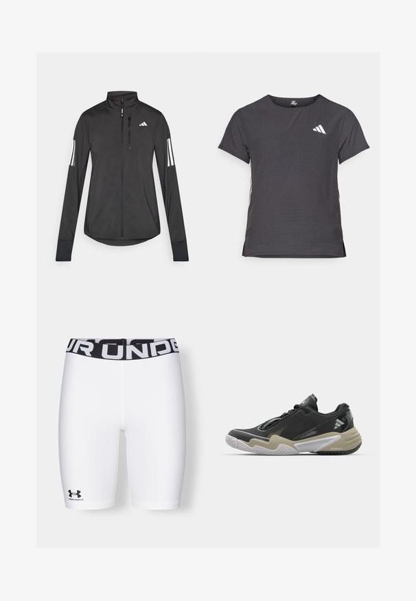 Zwarte sportjack gemaakt van lichtgewicht materiaal. Voorzien van een ritssluiting aan de voorkant, hoge kraag en drie witte strepen op elke mouw.; Korte mouwen sport t-shirt, donkergrijs met geperforeerde textuur. Bevat een wit logo en contrasterende zijstrepen. Ronde halslijn.; Under Armour AUTHENTICS SHORT - Tights - white/black; Zwarte en beige sportieve schoen met een gestructureerde bovenkant, opvallend zoolontwerp, reflecterende accenten en vetersysteem. Lichtgewicht constructie.