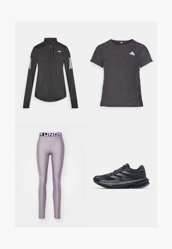 Black athletic jacket made of lightweight material. Features a front zipper, high collar, and three white stripes on each sleeve.; Short-sleeve athletic t-shirt, dark gray with perforated texture. Features a white logo and contrasting side stripes. Rounded neckline.; Leggings in light purple, made of smooth, stretchy material. Features a black waistband with "UNDER ARMOUR" printed in white. Logo on the leg.; Black athletic shoe with a textured mesh upper, reflective accents, cushioned sole, and a streamlined design. Features three stripe logo.