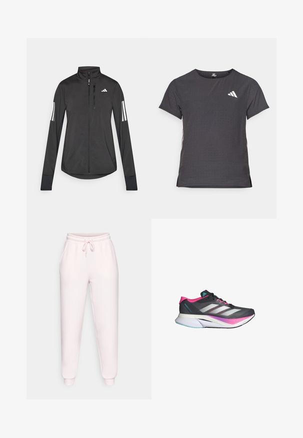 Zwarte sportjack gemaakt van lichtgewicht materiaal. Voorzien van een ritssluiting aan de voorkant, hoge kraag en drie witte strepen op elke mouw.; Korte mouwen sport t-shirt, donkergrijs met geperforeerde textuur. Bevat een wit logo en contrasterende zijstrepen. Ronde halslijn.; Lichtroze sweatpants van zacht materiaal, met een elastische tailleband en een trekkoord, zijzakken en omgeslagen enkels.; Hardloopschoen met een grijze mesh bovenkant, roze accenten en witte strepen. Beschikt over een gevoerde zool en een slank, aerodynamisch ontwerp.