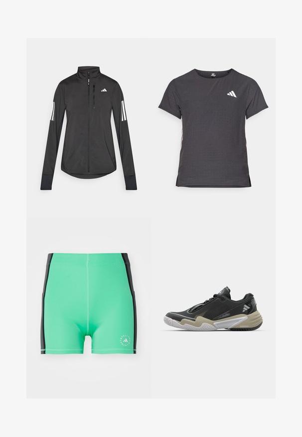 Črna športna jakna iz lahkega materiala. Ima sprednji zadrgo, visok ovratnik in tri bele črte na vsaki rokavi.; Kratka športna majica s kratkimi rokavi, temno siva z perforirano teksturo. Ima bel logotip in kontrastne stranske črte. Okrogel ovratnik.; Zelene kopalne hlače s črnimi stranskimi akcenti, narejene iz raztegljive tkanine. Imate logotip na spodnjem desnem delu in ravne šive za udobje.; Črne in bež športne čevlje z teksturirano zgornjico, izrazitim dizajnom podplata, odsevni detajli in sistem vezalke. Lahka konstrukcija.