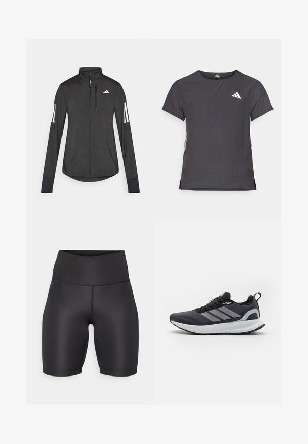 Černá atletická bunda vyrobená z lehkého materiálu. Má přední zip, vysoký límec a tři bílé pruhy na každém rukávu.; Kraťasový sportovní tričko, tmavě šedé barvy s perforovanou texturou. Obsahuje bílé logo a kontrastní boční pruhy. Kulatý výstřih.; Černé sportovní kraťasy s vysokým pasem, vyrobené z hladké, elastické tkaniny. Mají bezešvý design a délku ke kolenům.; Černá sportovní bota s prodyšným svrškem, bílou mezipodešví, texturovanou gumovou podešví a třemi šedými pruhy na boku. Obsahuje šňůrky a poutko.