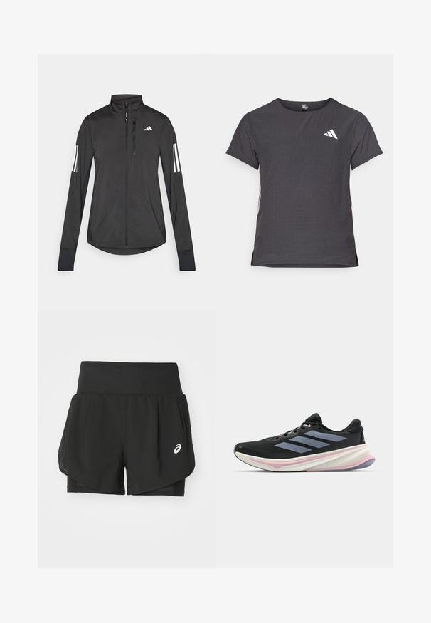 Veste de sport noire en matériau léger. Dotée d'une fermeture éclair sur le devant, d'un col haut et de trois rayures blanches sur chaque manche.; T-shirt de sport à manches courtes, gris foncé avec une texture perforée. Présente un logo blanc et des rayures latérales contrastantes. Encolure arrondie.; Shorts de sport noirs dotés d'un revêtement en maille respirante, de sous-shorts au toucher lisse, et d'un logo blanc sur le côté gauche.; Chaussure de course noire avec dessus en mesh, accents violet clair et trois bandes grises horizontales. Dispose d'une semelle rembourrée pour le confort.