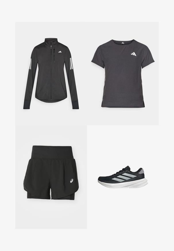 Black athletic jacket made of lightweight material. Features a front zipper, high collar, and three white stripes on each sleeve.; Short-sleeve athletic t-shirt, dark gray with perforated texture. Features a white logo and contrasting side stripes. Rounded neckline.; Black athletic shorts featuring a breathable mesh overlay, inner shorts with smooth texture, and a white logo on the left side.; Black running shoe with mesh upper, three silver stripes, white midsole, and textured outsole. Features padded collar and lace closure.