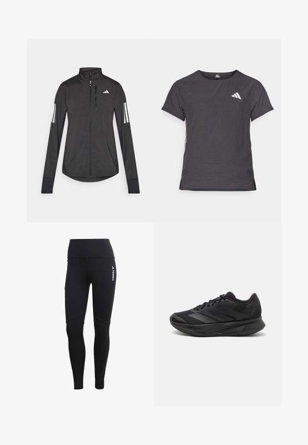 Black athletic jacket made of lightweight material. Features a front zipper, high collar, and three white stripes on each sleeve.; Short-sleeve athletic t-shirt, dark gray with perforated texture. Features a white logo and contrasting side stripes. Rounded neckline.; Black athletic leggings with a high waistband, featuring a side pocket, seamless design, and Terrex logo on the front right side.; Black running shoe with a breathable mesh upper, rounded toe, sleek design, textured accents, and a cushioned sole for comfort.