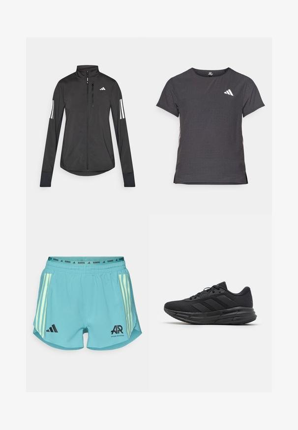 Svart treningsjakke laget av lett materiale. Har glidelås foran, høy krage og tre hvite striper på hver erme.; Kortermet treningstrøye, mørkegrå med perforert tekstur. Har en hvit logo og kontrasterende side-striper. Rund halslinje.; adidas Performance SHORT - Sports shorts - powder teal; Sorte atletiske sko med et pustende mesh-overdel, med tre matte sorte striper, en polstret såle og en strukturert yttersåle for grep.