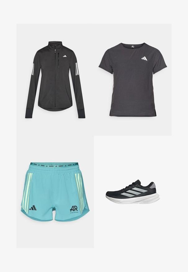 Schwarze Sportjacke aus leichtem Material. Mit einem Frontreißverschluss, hohem Kragen und drei weißen Streifen an jedem Ärmel.; Kurze Ärmel Sport-T-Shirt, dunkelgrau mit durchbrochener Textur. Enthält ein weißes Logo und kontrastierende Seitenstreifen. Runder Ausschnitt.; adidas Performance SHORT - Kurze Sporthose - powder teal; Schwarzer Laufschuh mit Mesh-Obermaterial, drei silbernen Streifen, weißer Zwischensohle und strukturiertem Außensohle. Verfügt über einen gepolsterten Schaft und eine Schnürung.