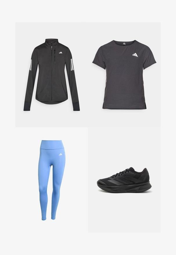 Musta urheilutakki, joka on valmistettu kevyestä materiaalista. Ominaisuuksiin kuuluu etuvetoketju, korkea kaulus ja kolme valkoista raitaa joka hihassa.; Lyhythihainen urheilupaita, tummanharmaa, jossa on reikäkudot. Ominaisuuksina valkoinen logo ja kontrastiväriset sivusuunnat. Pyöreä pääntie.; Siniset urheiluhousut joustavasta kankaasta. Korkea vyötärö, jossa valkoinen Adidas-logo vasemmalla puolella. Sujuva pinta.; Mustat juoksukengät, joissa on hengittävä verkkoyläosa, pyöreä varvas, sulavalinjainen muotoilu, teksturoidut yksityiskohdat ja pehmustettu pohja mukavuutta varten.