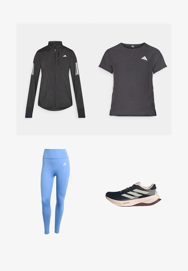 Zwarte sportjack gemaakt van lichtgewicht materiaal. Voorzien van een ritssluiting aan de voorkant, hoge kraag en drie witte strepen op elke mouw.; Korte mouwen sport t-shirt, donkergrijs met geperforeerde textuur. Bevat een wit logo en contrasterende zijstrepen. Ronde halslijn.; Blauwe sportleggingen van rekbaar materiaal. Hoog getailleerd ontwerp, met een witte Adidas-logo aan de linkerkant. Glad textuur.; Hardloopschoen met een donkerblauwe mesh bovenkant, lichtbeige zool en een witte drie-strepen ontwerp. Heeft een strakke, aerodynamische vorm en textuuraccenten.