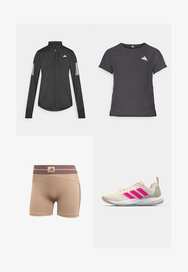 Zwarte sportjack gemaakt van lichtgewicht materiaal. Voorzien van een ritssluiting aan de voorkant, hoge kraag en drie witte strepen op elke mouw.; Korte mouwen sport t-shirt, donkergrijs met geperforeerde textuur. Bevat een wit logo en contrasterende zijstrepen. Ronde halslijn.; adidas Performance HYPERGLAM - Tights - chalky brown earth strata; Beige sportshoe met een roze drie-strepen logo, een textuur-mesh bovenkant, een gevoerde kraag en een witte rubberen zool, met "LIGHTSTRIKE" branding.