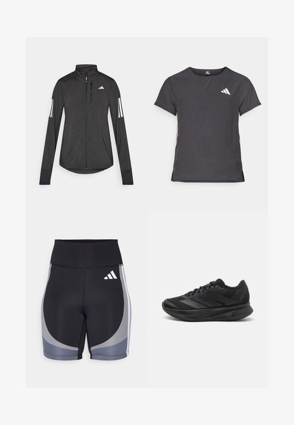 Black athletic jacket made of lightweight material. Features a front zipper, high collar, and three white stripes on each sleeve.; Short-sleeve athletic t-shirt, dark gray with perforated texture. Features a white logo and contrasting side stripes. Rounded neckline.; Black athletic shorts with gray accents. Made of stretchy material, featuring a high waistband and side panel design with white brand logo.; Black running shoe with a breathable mesh upper, rounded toe, sleek design, textured accents, and a cushioned sole for comfort.
