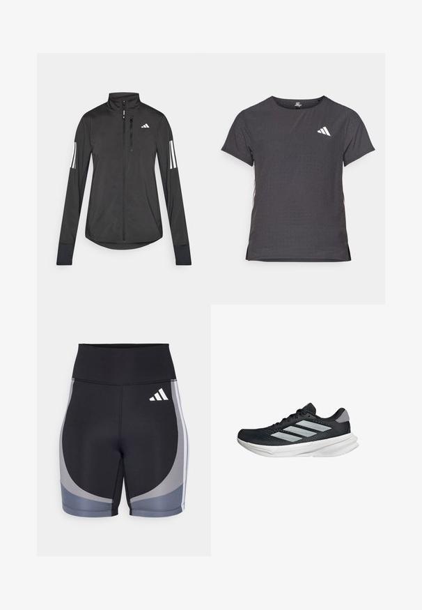 Crni sportski jakna napravljena od laganog materijala. Ima prednji zatvarač, visoki ovratnik i tri bijele pruge na svakoj rukavu.; Majica kratkih rukava za sport, tamno siva s perforiranim uzorkom. Ima bijeli logo i kontrastne bočne pruge. Zaobljeni izrez.; Crne atletske kratke hlače sivo-smeškom. Napravljene od rastezljivog materijala, imaju visok struk i dizajn bočnih panela s belim logotipom branda.; Crne trkačke tenisice s mrežastim gornjim dijelom, tri srebrne pruge, bijeli srednji sloj i teksturirani potplat. Sadrži podstavljeni ovratnik i zatvaranje s vezicama.