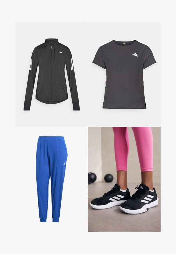 Svart treningsjakke laget av lett materiale. Har glidelås foran, høy krage og tre hvite striper på hver erme.; Kortermet treningstrøye, mørkegrå med perforert tekstur. Har en hvit logo og kontrasterende side-striper. Rund halslinje.; adidas Performance AEROREADY ESSENTIALS MINIMAL BRANDING WOVEN - Joggebukse - semi lucid blue; Svarte treningssko med hvite striper, teksturert mesh-overdel og hvit såle. Brukt med rosa leggings, som viser frem treningsklær.