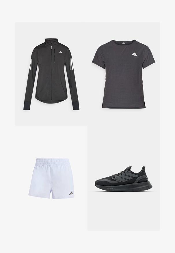 Veste de sport noire en matériau léger. Dotée d'une fermeture éclair sur le devant, d'un col haut et de trois rayures blanches sur chaque manche.; T-shirt de sport à manches courtes, gris foncé avec une texture perforée. Présente un logo blanc et des rayures latérales contrastantes. Encolure arrondie.; Shorts de sport blancs avec une taille élastique, fabriqués à partir d'un matériau léger, présentant un petit logo foncé sur la jambe inférieure droite.; Chaussures de sport noires avec un dessus en maille, des panneaux texturés, un détail de trois bandes, et une semelle courbée étiquetée "LIGHT BOOST".