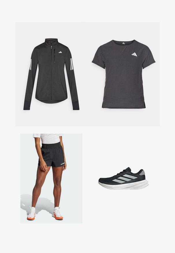 Černá atletická bunda vyrobená z lehkého materiálu. Má přední zip, vysoký límec a tři bílé pruhy na každém rukávu.; Kraťasový sportovní tričko, tmavě šedé barvy s perforovanou texturou. Obsahuje bílé logo a kontrastní boční pruhy. Kulatý výstřih.; Černé sportovní šortky s širokým pasem, s nápisem "TERREX" a logem Adidas. V kombinaci s bílými botami s oranžovými akcenty.; Černé běžecké boty s vrchní částí z prodyšné síťoviny, třemi stříbrnými pruhy, bílou mezipodešví a texturovanou podešví. Obsahují polstrovaný límec a šněrování.