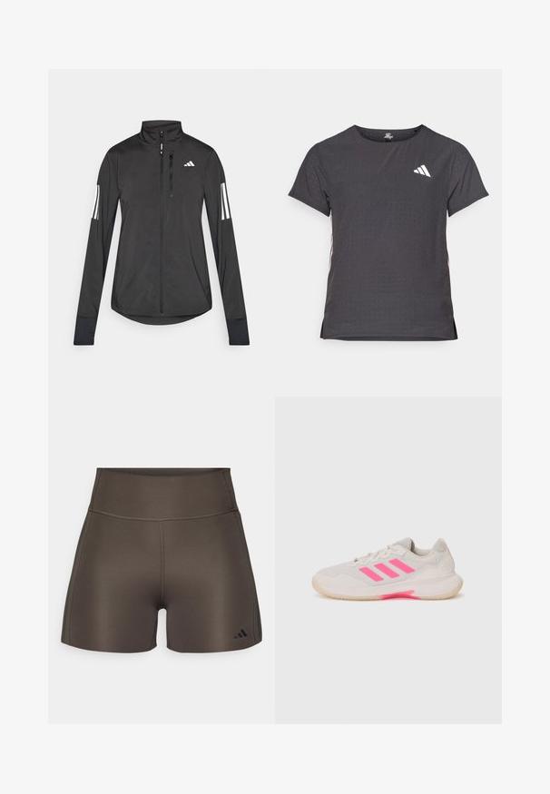 Crni sportski jakna napravljena od laganog materijala. Ima prednji zatvarač, visoki ovratnik i tri bijele pruge na svakoj rukavu.; Majica kratkih rukava za sport, tamno siva s perforiranim uzorkom. Ima bijeli logo i kontrastne bočne pruge. Zaobljeni izrez.; adidas Performance OPTIME RAW CUT HEM - Tajice - shadow olive; Svijetlosivi atletski tenisica s ružičastim detaljima i tri pruge. Sadrži mrežasti gornji dio, podstavljeni jezik i gumu potplat s prijanjanjem.