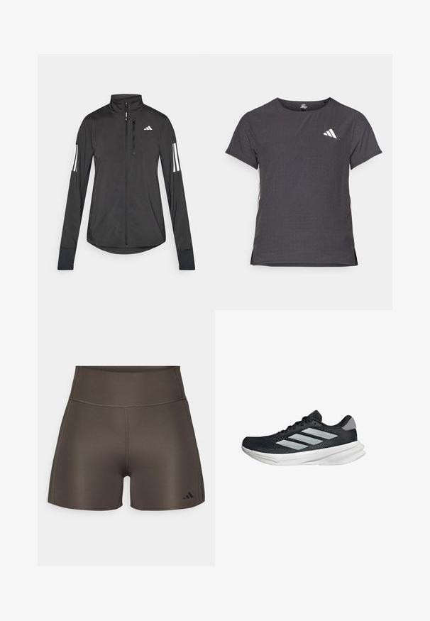 Schwarze Sportjacke aus leichtem Material. Mit einem Frontreißverschluss, hohem Kragen und drei weißen Streifen an jedem Ärmel.; Kurze Ärmel Sport-T-Shirt, dunkelgrau mit durchbrochener Textur. Enthält ein weißes Logo und kontrastierende Seitenstreifen. Runder Ausschnitt.; adidas Performance OPTIME RAW CUT HEM - Tights - shadow olive; Schwarzer Laufschuh mit Mesh-Obermaterial, drei silbernen Streifen, weißer Zwischensohle und strukturiertem Außensohle. Verfügt über einen gepolsterten Schaft und eine Schnürung.