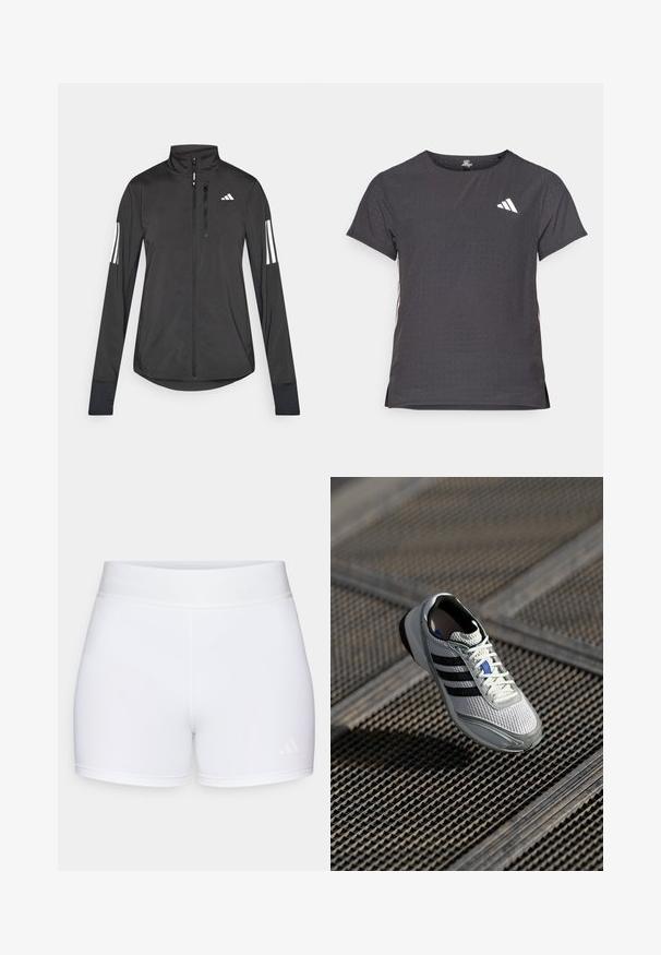 Juodas sportinis švarkas, pagamintas iš lengvos medžiagos. Yra priekinis užtrauktukas, aukšta apykaklė ir trys baltos juostos kiekviename rankovėje.; Trumpas rankovėmis sportinis marškinėlis, tamsiai pilkas, su perforuota tekstūra. Yra baltas logotipas ir kontrastingos šoninės juostos. Iškirptė suapvalinta.; Baltos sportinės šortai su lygiu paviršiumi, elastinga juosmens juosta su iškilniu логотипу ir minimalistiniu dizainu.; Lengvas bėgimo batelis su balta tinkline viršutine dalimi, trimis juodomis juostelėmis, pilkais akcentais ir tekstūruotu padu, užtikrinančiu sukibimą.