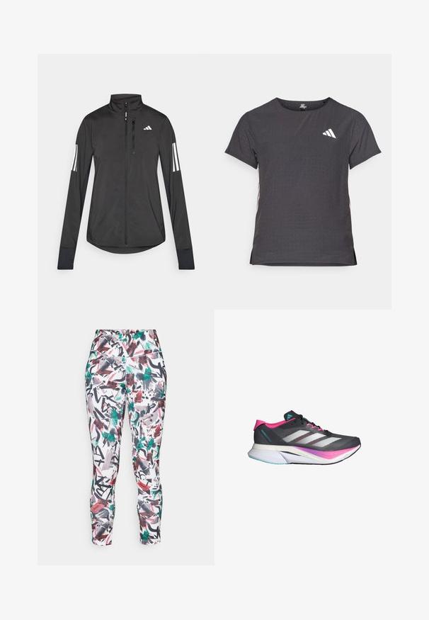 Svart idrottsjacka i lätt material. Har en framzipper, hög krage och tre vita ränder på varje ärm.; Kortärmad atletisk t-shirt, mörkgrå med perforerad textur. Har en vit logotyp och kontrasterande sidostripes. Rundad halsringning.; Tajta tights med ett färgglatt abstrakt mönster i röd, grön och svart på vit botten. Tillverkade av elastiskt material.; Löparskor med grått mesh-övre, rosa detaljer och vita ränder. Har en dämpad sula och en slank, aerodynamisk design.