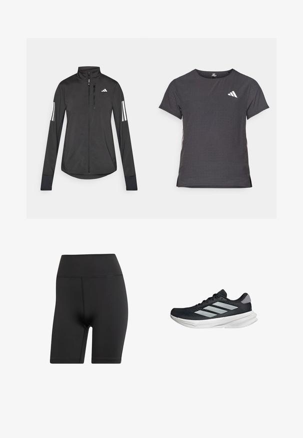 Sort atletisk jakke lavet af let materiale. Har en frontlynlås, høj krave og tre hvide striber på hver ærme.; Kortærmet atletisk t-shirt, mørkegrå med perforeret tekstur. Har et hvidt logo og kontrastfarvede sidelister. Rundet halsudskæring.; Sorte cykelshorts lavet af strækbart materiale, med høj talje og flade sømme for komfort og holdbarhed.; Sort løbesko med mesh-overdel, tre sølvstriber, hvid mellemsål og struktureret ydersål. Har polstret krave og snørelukning.