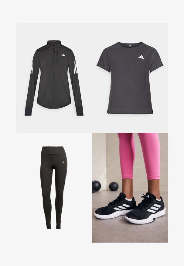 Črna športna jakna iz lahkega materiala. Ima sprednji zadrgo, visok ovratnik in tri bele črte na vsaki rokavi.; Kratka športna majica s kratkimi rokavi, temno siva z perforirano teksturo. Ima bel logotip in kontrastne stranske črte. Okrogel ovratnik.; Črne legice iz elastičnega materiala, z visokim pasom, belimi stranskimi črtami in stransko žepom za priročnost.; Črne športne čevlje z belimi črtami, teksturirano mrežasto zgornjišče in belo podplat. Obuti z roza legginsom, ki prikazujejo športno obleko.
