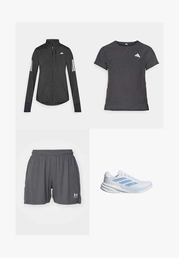 Crni sportski jakna napravljena od laganog materijala. Ima prednji zatvarač, visoki ovratnik i tri bijele pruge na svakoj rukavu.; Majica kratkih rukava za sport, tamno siva s perforiranim uzorkom. Ima bijeli logo i kontrastne bočne pruge. Zaobljeni izrez.; Sive kratke sportske hlače napravljene od lagane tkanine, s elastičnim pojasom i bijelim logotipom na donjoj lijevoj nozi. Glatka tekstura.; Bijele trkačke tenisice s laganim plavim akcentima, prozračna mrežasta gornja strana, dizajn s tri pruge, podstava za ublažavanje i teksturirana podloga za prianjanje.