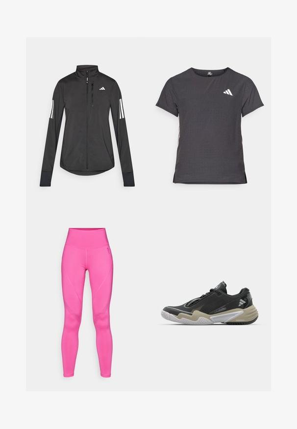 Črna športna jakna iz lahkega materiala. Ima sprednji zadrgo, visok ovratnik in tri bele črte na vsaki rokavi.; Kratka športna majica s kratkimi rokavi, temno siva z perforirano teksturo. Ima bel logotip in kontrastne stranske črte. Okrogel ovratnik.; Ružaste leggingse z visokim pasom, izdelane iz raztegljive tkanine, ki imajo gladko teksturo in ukrivljene stranske šive za prilegajoč silhuet.; Črne in bež športne čevlje z teksturirano zgornjico, izrazitim dizajnom podplata, odsevni detajli in sistem vezalke. Lahka konstrukcija.