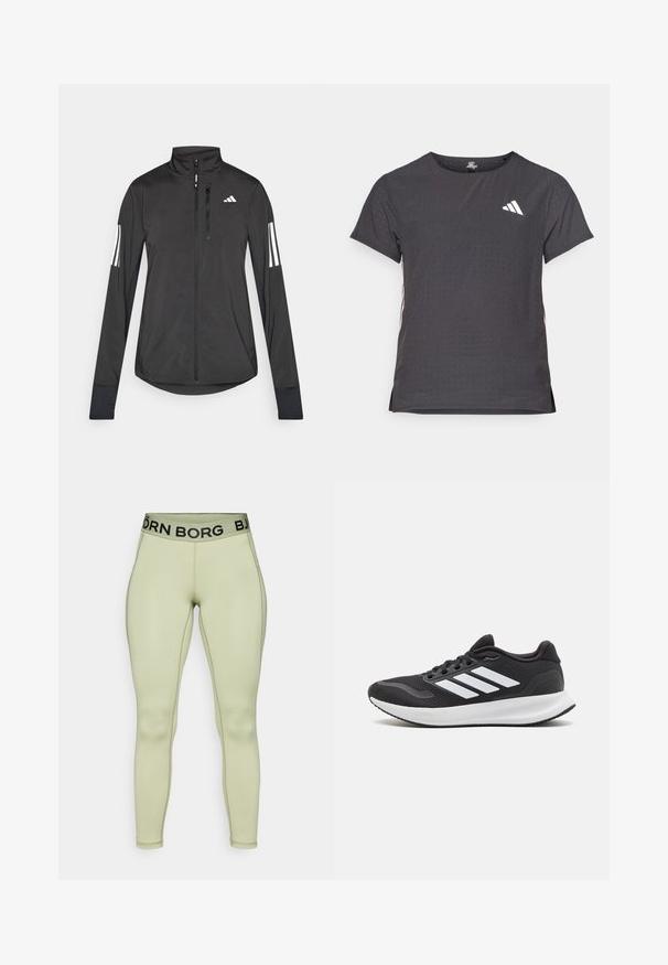 Giacchetto sportivo nero realizzato in materiale leggero. Presenta una chiusura frontale con zip, colletto alto e tre strisce bianche su ciascun manica.; T-shirt atletico a maniche corte, grigio scuro con texture perforata. Presenta un logo bianco e strisce laterali a contrasto. Girocollo.; Leggings verde chiaro realizzati in materiale elasticizzato, con un design semplice, forma aderente e una vita con logo nera.; Scarpa da atletica nera con tomaia in rete, punta rotonda e tre strisce bianche sui lati. Suola leggera con battistrada in gomma testurizzata per una maggiore aderenza.