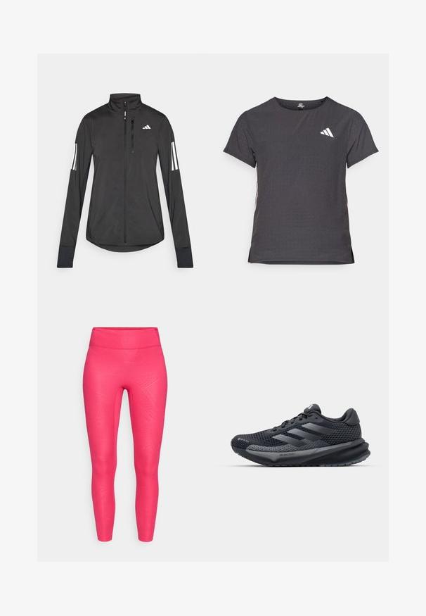 Black athletic jacket made of lightweight material. Features a front zipper, high collar, and three white stripes on each sleeve.; Short-sleeve athletic t-shirt, dark gray with perforated texture. Features a white logo and contrasting side stripes. Rounded neckline.; Pink leggings with a textured pattern, high waistband, and fitted design. Made from stretchy material that contours to the body.; Black athletic shoe with a textured mesh upper, reflective accents, cushioned sole, and a streamlined design. Features three stripe logo.