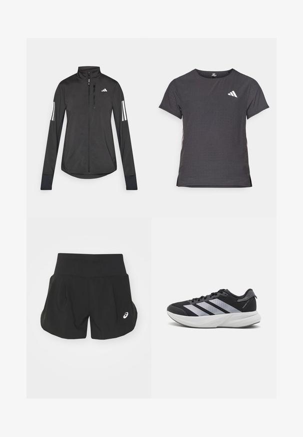 Schwarze Sportjacke aus leichtem Material. Mit einem Frontreißverschluss, hohem Kragen und drei weißen Streifen an jedem Ärmel.; Kurze Ärmel Sport-T-Shirt, dunkelgrau mit durchbrochener Textur. Enthält ein weißes Logo und kontrastierende Seitenstreifen. Runder Ausschnitt.; Schwarze Sportshorts mit einem breiten Bund, plissiertem Design und einem kleinen weißen Logoakzent auf der unteren linken Seite. Weiches, leichtes Material.; Schwarzer Sportschuh mit Mesh-Obermaterial, drei silberne Streifen an der Seite und einer weißen gepolsterten Sohle. Verfügt über eine strukturierte Außensohle für besseren Halt.