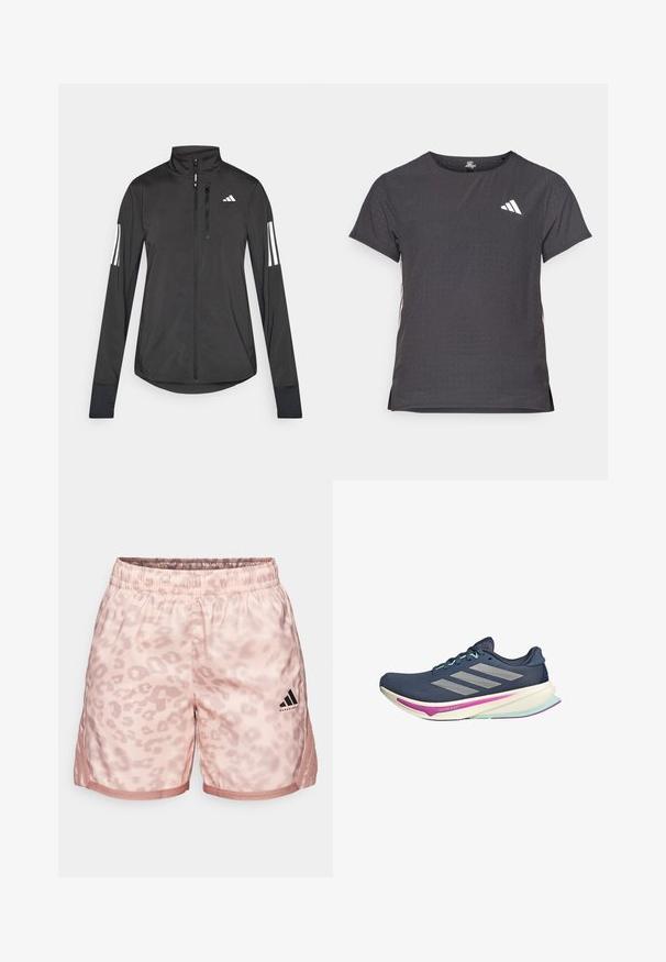 Juodas sportinis švarkas, pagamintas iš lengvos medžiagos. Yra priekinis užtrauktukas, aukšta apykaklė ir trys baltos juostos kiekviename rankovėje.; Trumpas rankovėmis sportinis marškinėlis, tamsiai pilkas, su perforuota tekstūra. Yra baltas logotipas ir kontrastingos šoninės juostos. Iškirptė suapvalinta.; adidas Performance CRAZY LITE CHEETAH SHORT - Sportiniai šortai - warm clay; Jūros jėgos bėgimo bateliai su tinkliniais viršutiniais audiniais, sidabrinėmis juostelėmis, mėtų akcentais ir paminkštintu padu, kuriame yra rožinės ir mėlynos detalės patogumui.