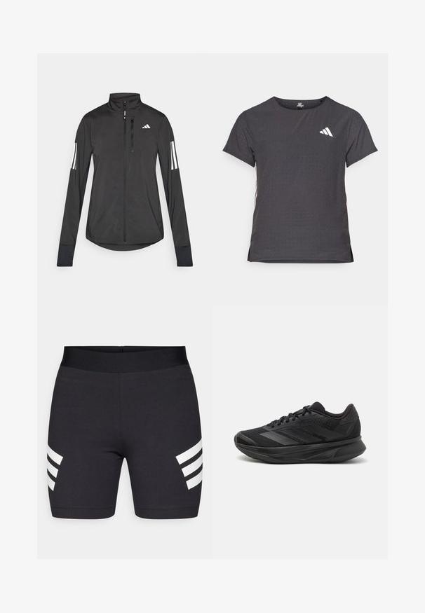 Jaqueta atlética preta feita de material leve. Apresenta um fecho frontal, colarinho alto e três riscas brancas em cada manga.; T-shirt atlético de mangas curtas, cinza escuro com textura perfurada. Apresenta um logo branco e riscas laterais contrastantes. Decote arredondado.; Calções atléticos pretos feitos de material elástico, com uma cintura larga e duas riscas brancas de cada lado. Textura suave.; Sapatilha de corrida preta com parte superior em malha respirável, bico arredondado, design elegante, detalhes texturizados e sola acolchoada para conforto.
