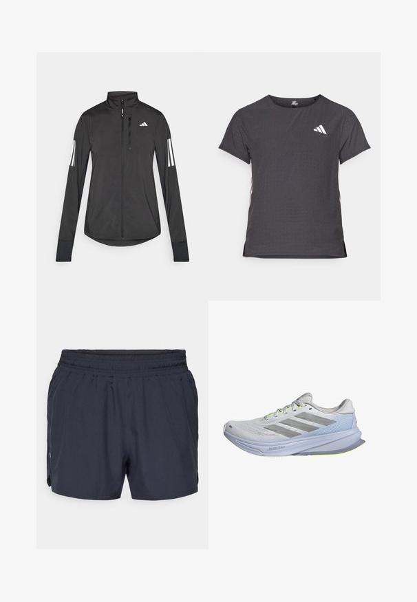 Black athletic jacket made of lightweight material. Features a front zipper, high collar, and three white stripes on each sleeve.; Short-sleeve athletic t-shirt, dark gray with perforated texture. Features a white logo and contrasting side stripes. Rounded neckline.; Navy blue athletic shorts with an elastic waistband, pleated design, and side pockets. Made from lightweight, breathable fabric.; Running shoes with a lightweight mesh upper in white, accented by gray stripes. The sole features a slight curve and neon yellow highlights.