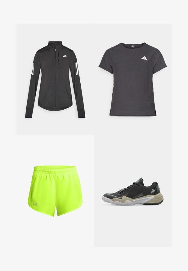 Juodas sportinis švarkas, pagamintas iš lengvos medžiagos. Yra priekinis užtrauktukas, aukšta apykaklė ir trys baltos juostos kiekviename rankovėje.; Trumpas rankovėmis sportinis marškinėlis, tamsiai pilkas, su perforuota tekstūra. Yra baltas logotipas ir kontrastingos šoninės juostos. Iškirptė suapvalinta.; Neon geltonos sportinės šortai su elastinga juosmena, lengvos medžiagos ir šoninėmis kišenėmis. Apatinėje krašto dalyje yra mažas pilkas logotipas.; Juoda ir béžo spalvų sportinė avalynė su tekstūruota viršutine dalimi, išskirtiniu pado dizainu, atspindinčiomis detalėmis ir raištelių sistema. Lengva konstrukcija.