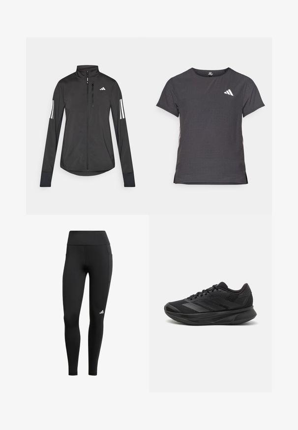 Giacchetto sportivo nero realizzato in materiale leggero. Presenta una chiusura frontale con zip, colletto alto e tre strisce bianche su ciascun manica.; T-shirt atletico a maniche corte, grigio scuro con texture perforata. Presenta un logo bianco e strisce laterali a contrasto. Girocollo.; Leggings sportivi neri con vita alta, realizzati in tessuto elasticizzato; presentano una tasca laterale e un piccolo logo bianco vicino all'orlo.; Scarpa da corsa nera con tomaia in rete traspirante, punta rotonda, design elegante, dettagli testurizzati e suola ammortizzata per il comfort.