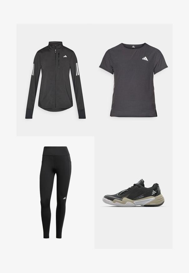 Black athletic jacket made of lightweight material. Features a front zipper, high collar, and three white stripes on each sleeve.; Short-sleeve athletic t-shirt, dark gray with perforated texture. Features a white logo and contrasting side stripes. Rounded neckline.; Black athletic leggings with a high waistband, made of stretchy fabric; features a side pocket and a small white logo near the hem.; Black and beige athletic shoe with textured upper, prominent sole design, reflective accents, and lacing system. Lightweight construction.